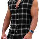 Mens Sleeveless Flannel Shirt Plaid Casual Button Down Shirts Vest, XL