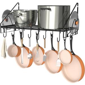 28 Inch Pot Rack Wall Mounted, Pots and Pans Organizer with 12 Hooks and 2 Pot Lid Holders, Heavy Duty Steel Pot and Pan Hanger for Kitchen Cookware Utensils Storage 34.7" Lx13 Wx12.6 H, Black