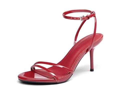 Coutgo Womens Strappy High Heels Sandals Open Almond Toe Ankle Strap Summer Dress Shoes, Red, size 7.5