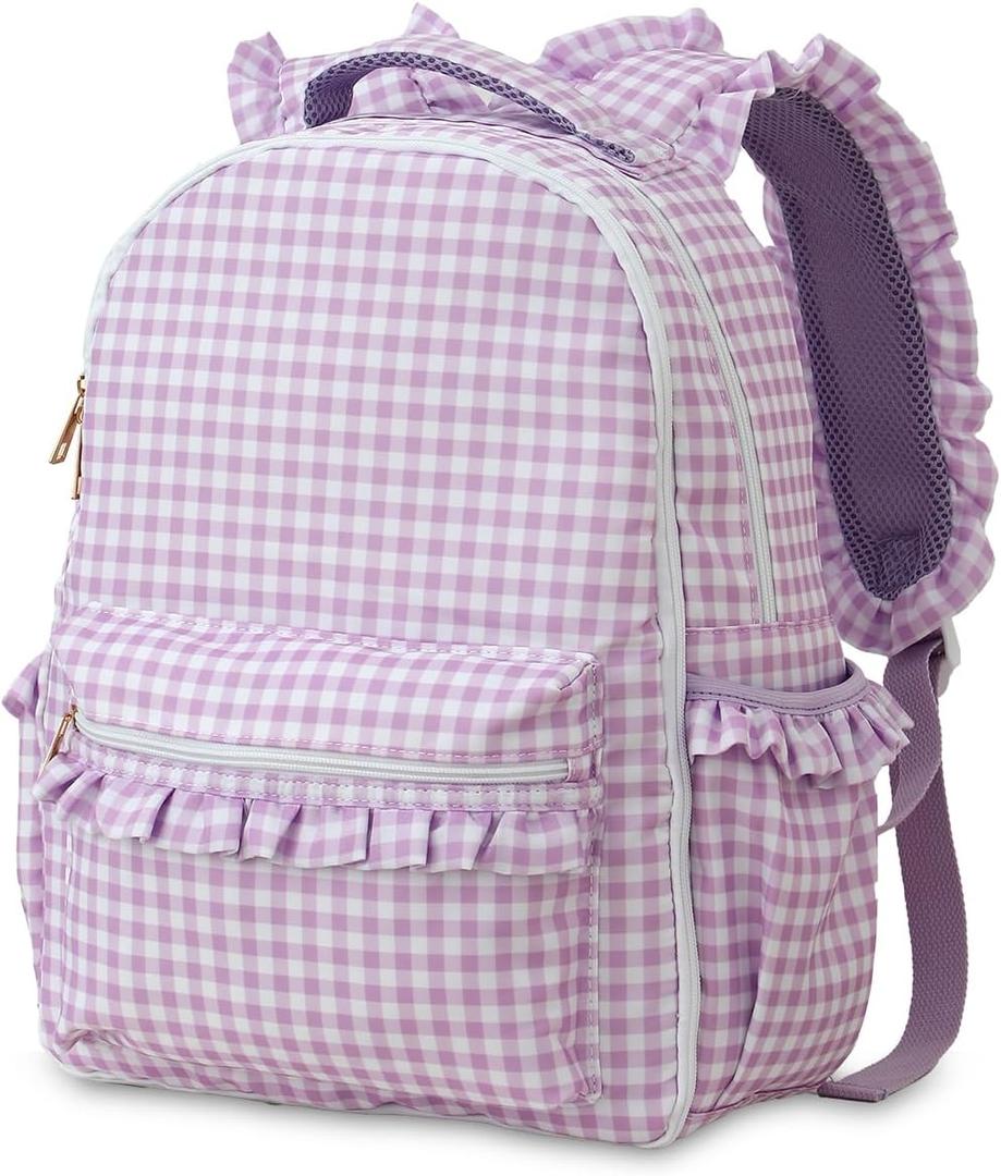 DYSHAYEN Kids Backpack for Girls, 15" Ruffled Backpack for School Kindergarten Bookbag 5-8, Fully Opened Compartment (Purple Gingham)