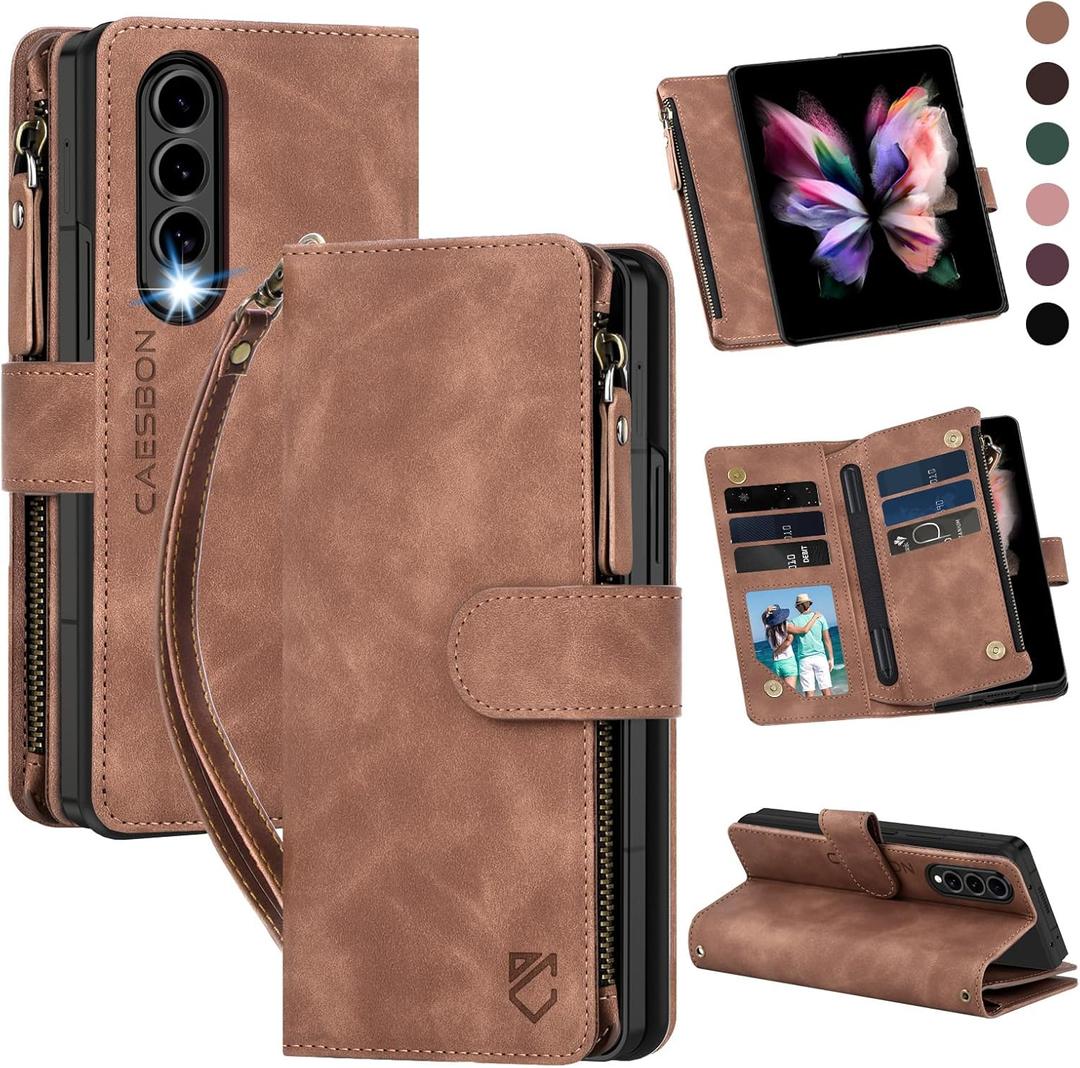 for Samsung Galaxy-Z-Fold-3 Wallet Case: with RFID Blocking Card Slots (6 Cards) & Hidden S Pen Holder | Soft PU Leather Magnetic Snap Zipper Wrist Strap Protective Phone Cover - Brown