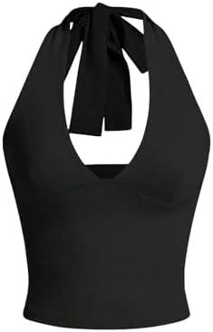 SOLY HUX Women's Halter Tops V Neck Tie Backless Summer Crop Tank Top