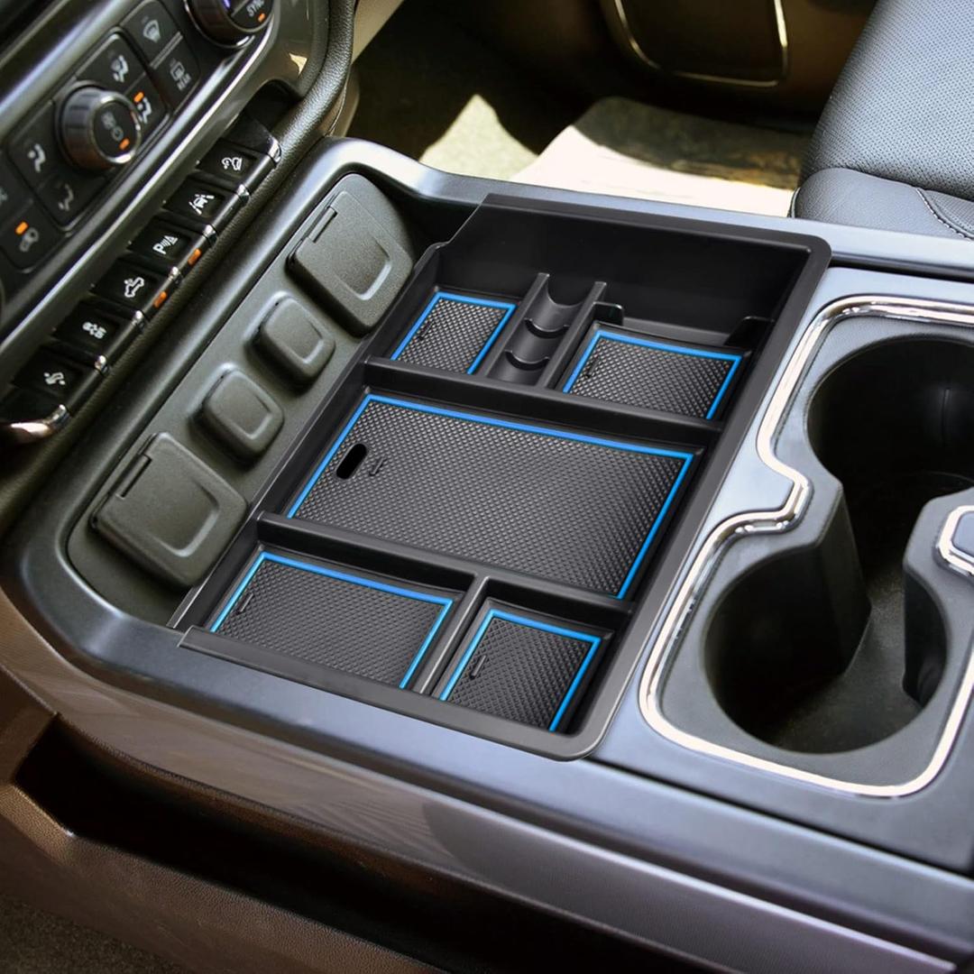 Center Console Organizer Tray Compatible with Chevy Silverado/GMC Sierra 1500/2500/3500HD 2014-2018,15-19 Silverado/Sierra 2500HD/3500HD Accessories Compartment,Full Console w/Bucket Seats ONLY,Blue