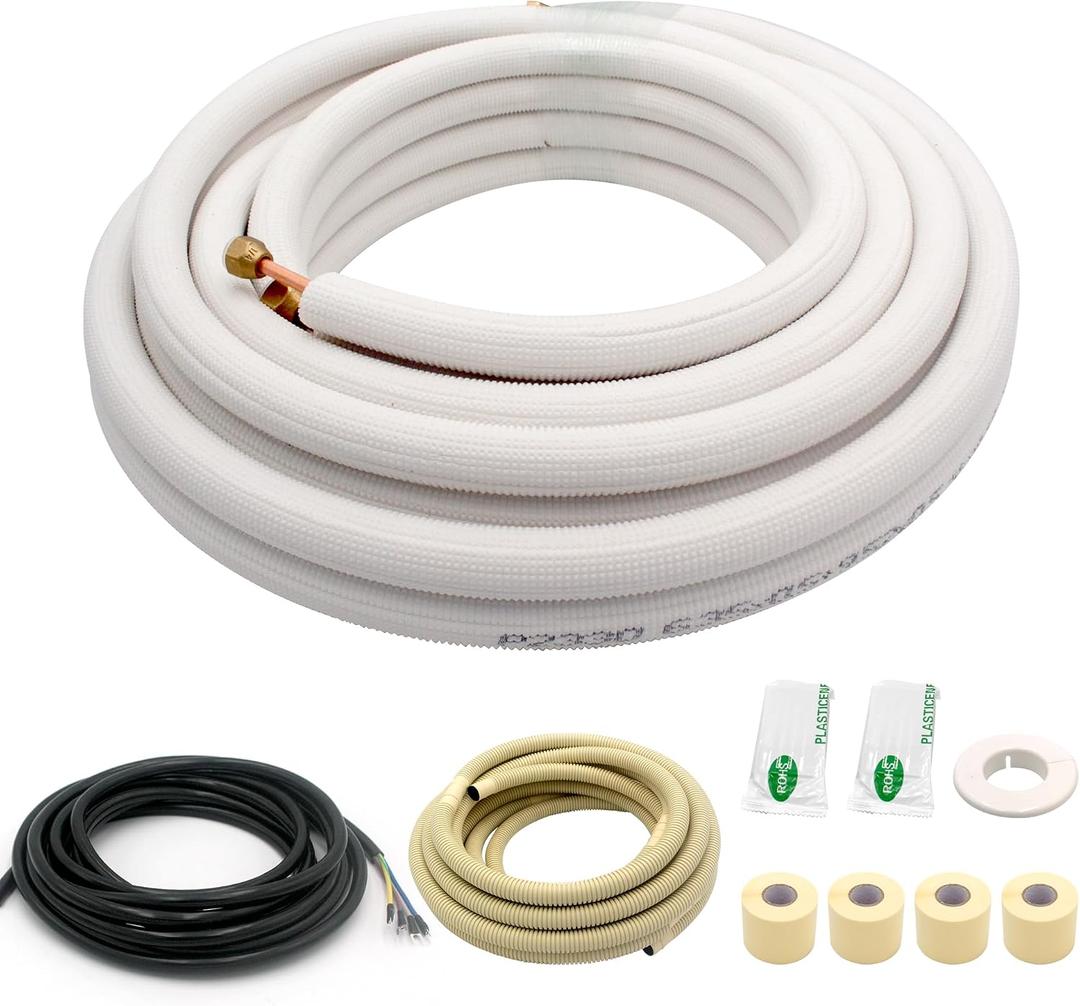 33FT Mini Split Line Set 1/4*3/8 OD HVAC Copper Tube Pipe Extension,3/8 Thickened PE Insulation Coil Air Conditioner Twin Copper Line Heating Equipment Hose with Flared Nuts (33FT (1/4+3/8) with wire)
