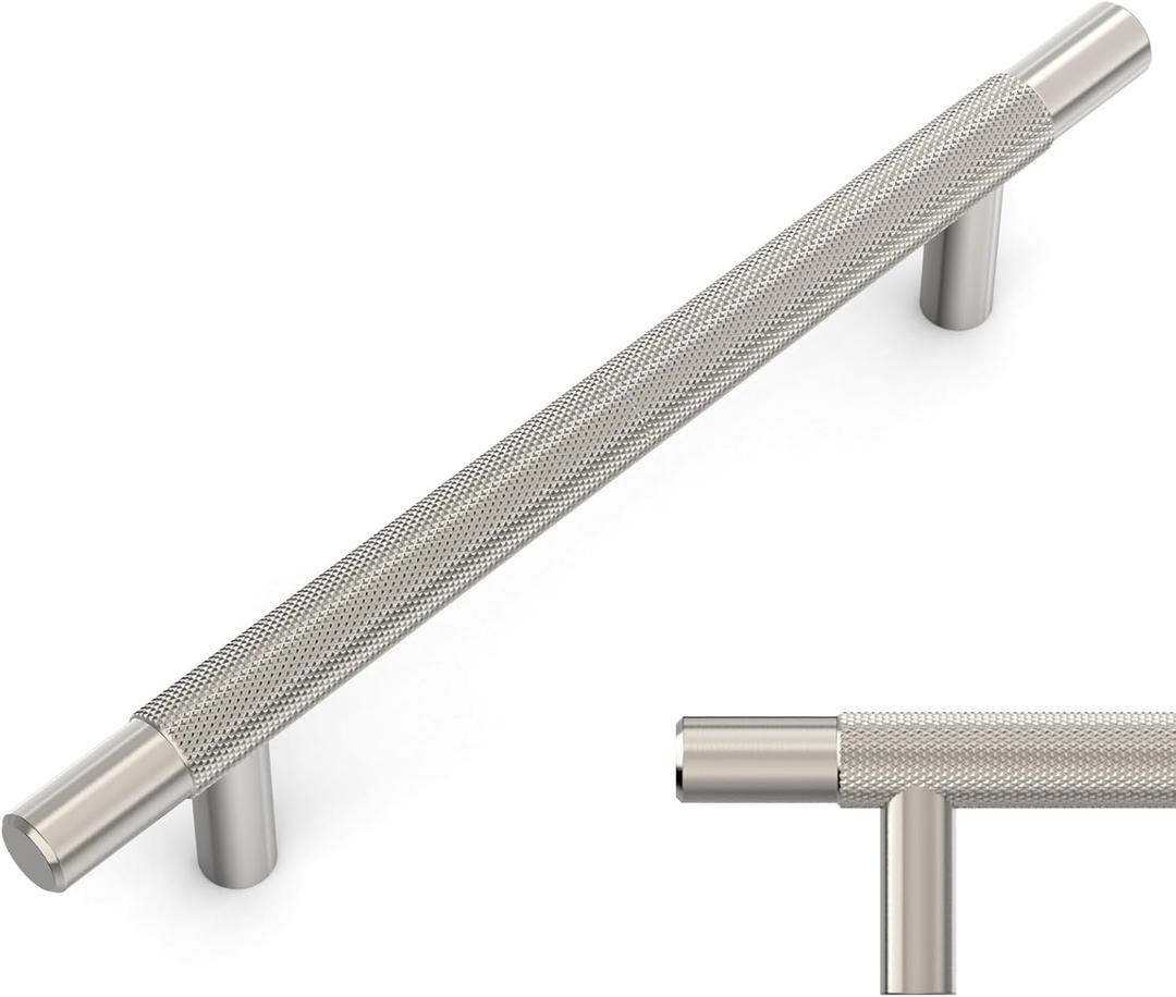 Amerdeco 10 Pack Brushed Satin Nickel Knurled Cabinet Pulls 5 Inch Hole Centers Kitchen Cabinet Handles Hardware Kitchen Handles for Cabinets Handles IH0006 (5"/128MM Hole Center)