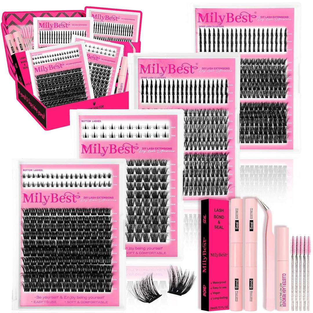 MilyBest Lash Clusters Kit 808Pcs Eyelash Clusters with Spikes and Bottom Lashes Clusters D Curl 4 Styles Lash Kit Fluffy DIY Individual Eyelashes Glue Wispy Cluster Eyelash Extensions Kit De Pestaas