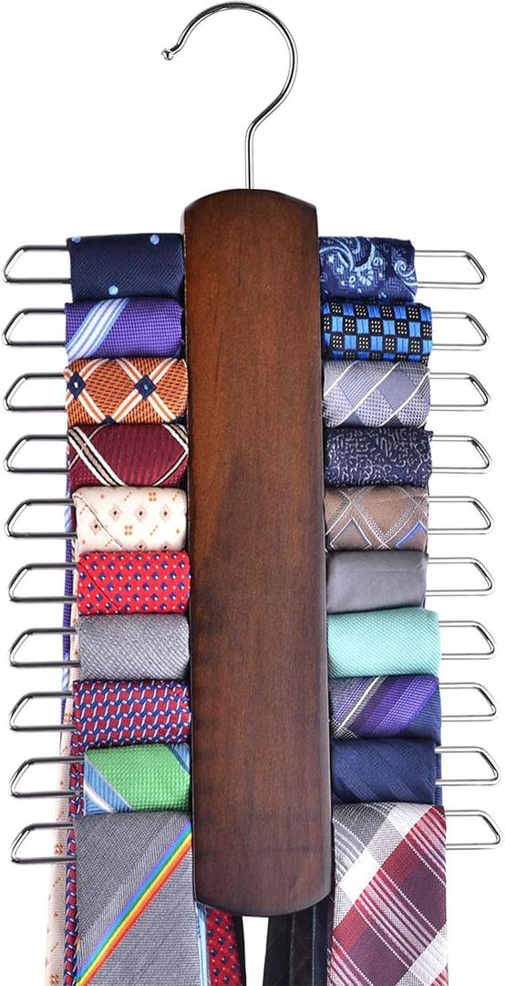 Umo Lorenzo Premium Wooden Necktie and Belt Hanger, Walnut Wood Center Organizer and Storage Rack with a Non-Slip Finish - 20 Hooks (Wooden)