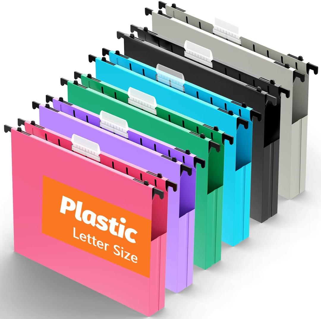 Hanging File Folders Letter Size, 12 Pack File Folders Hanging with Tabs, File Cabinet Folder, 1 Inch Plastic Filing Folders Hanging Expandable for Bulk Files/Medical Charts, Assorted Colors
