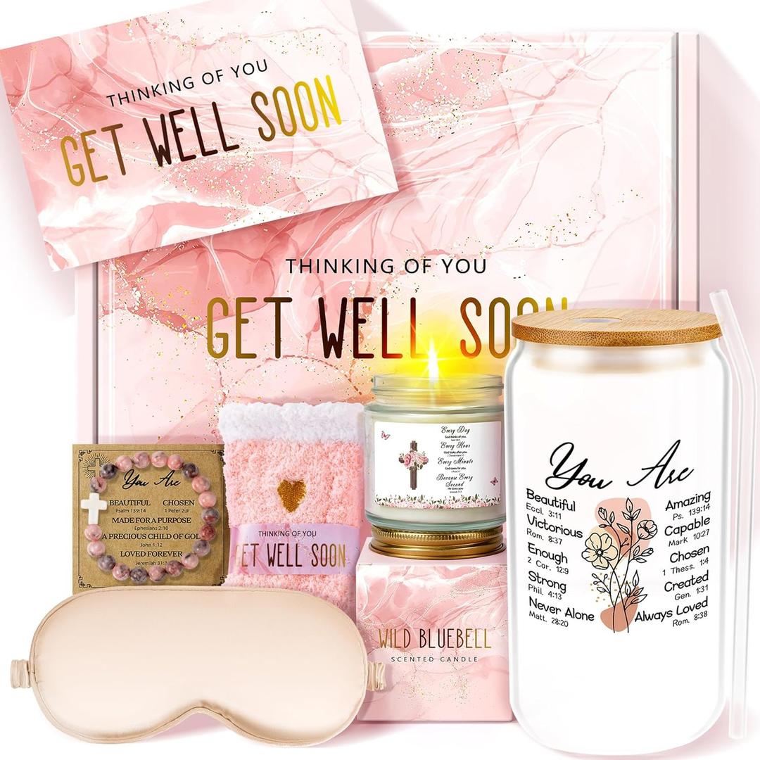 11PC Get Well Soon Gift Baskets for Women, Care Package, Pink Get Well Soon Gifts for Women, Mothers Day Birthday Baskets for Mom Sister Best Friends Grandma Wife Coworker