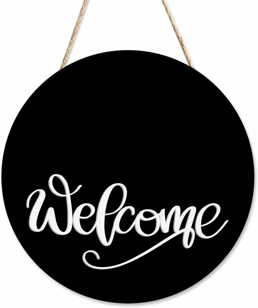 Welcome Sign for Front Door Porch Black Welcome 12in Round Wreath Wall Decor for Farmhouse Home Outdoor Indoor (Style 8)