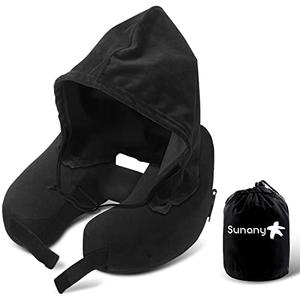 Sunany Neck Pillow for Travel Inflatable Airplane Pillow Comfortably Supports Head,Neck and Chin,Inflatable Travel Pillow with Soft Velour Cover,Portable Drawstring Bag (Black with Hat)