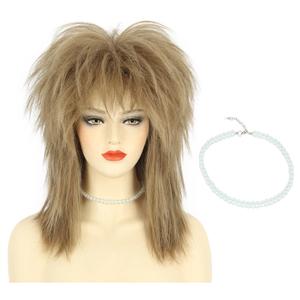 karlery Women Men Long Curly Light Brown Wig with Necklace 70s 80s Rocker Mullet Costume Wig Halloween Cosplay Party Wig