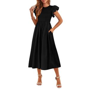 CFLONGE Women's Casual Short Puff Sleeve Summer Dresses for Women 2025 High Waist Casual Flowy A Line Midi Dress with Pockets (Medium)