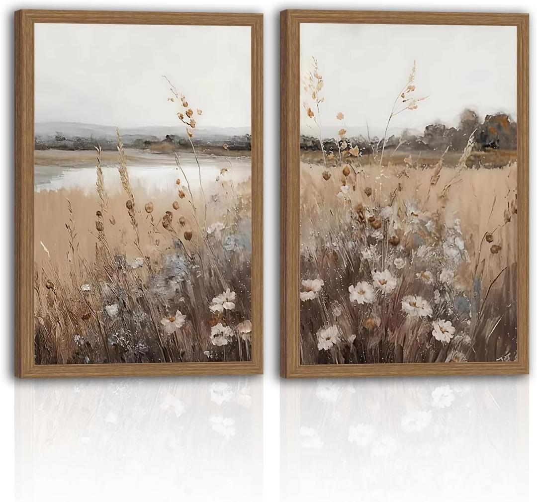 2Pcs Framed Wood Frame Vintage Wall Art Retro Farmhouse Wildflower Wall Decor Paintings Art Pictures, Country Floral Field Landscape Canvas Posters Prints for Bedroom Bathroom 16x24In