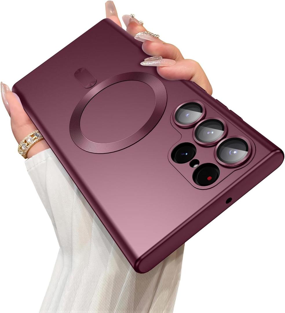 LEKEVO Magnetic for Samsung Galaxy S22 Ultra Case [Compatible with MagSafe][Built-in Camera Lens Protector] Slim Soft Silicone Bumper Shockproof Metallic Luster Phone Case (Burgundy)
