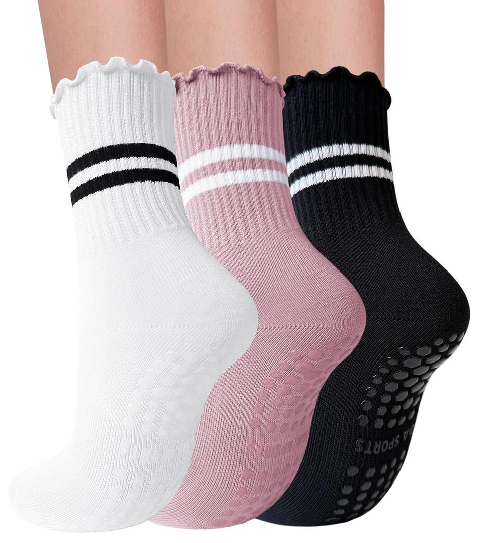Elapse Space 3 Pairs Pilates Socks With Grips for Women Non Slip Grip Ruffle Yoga Grippy Socks