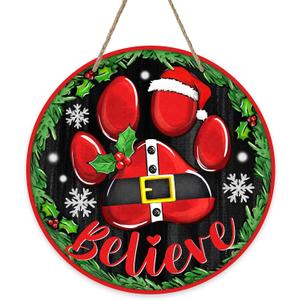 Deroro Christmas Believe Dog Paw Front Door Sign, Xmas Wood Door Hanger Outdoor Outside Porch Decor Pet Lover Gifts, Funny Winter Holiday Wooden Wreath Indoor Wall Hanging Decoration