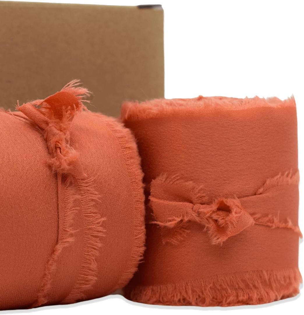 Chiffon Ribbon Silk Satin Ribbon 2 Inch x 10 Yard 2 Rolls Frayed for Weddings Bridal Bouquets Gift Wrapping Baby Shower Invitations Home Decor and DIY Crafts (Burnt Orange)