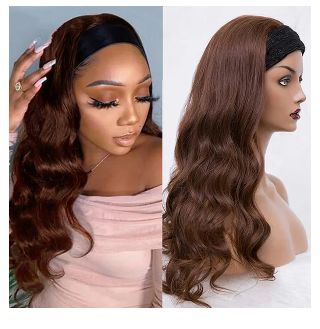 higher Headband Wig Human Hair Body Wave 16 Inch Chocolate Brown Glueless None Lace Front Wig Brazilian Virgin Human Hair Wigs Wear and Go Wigs for Black Women 150% Density Wigs