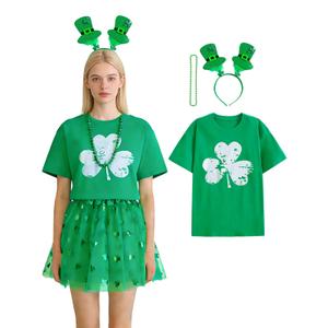 Wynato St Patricks Day Women Crewneck T-Shirt 3PCS Outfits lucky Charms Clover Sweatshirt Shamrock Headband Green Beads Necklace (US, Alpha, Large, Regular, Regular, Green Clover) (L)