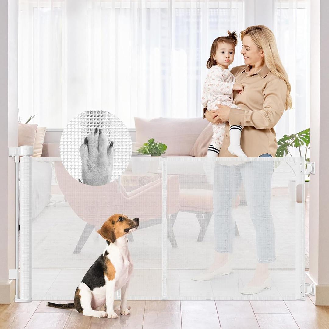 Reinforced 50" Wide Retractable Baby Gates for Doorways, Retractable Dog Gate for Stairs with Support Rods Prevent Crawling Under, Outdoor Indoor Mesh Baby Gate Retractable Gates for Dogs, White