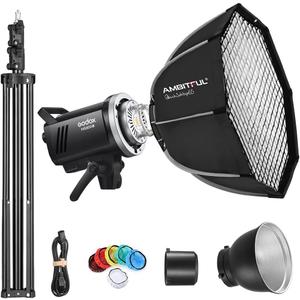 Godox MS300V Strobe Light Kit, 300W Studio Strobe Light, 2.4G Wireless System, Recycle Time 0.11.8S, Bowens Mount LED Modeling Lamp with QS65 Quick Installation Softbox + Light Stand