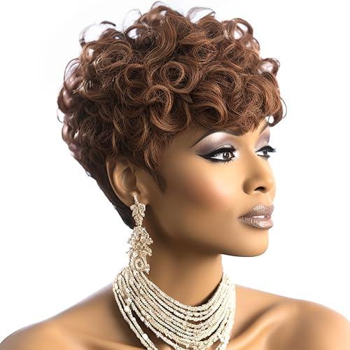 DOcute 150% Density Brown Short Pixie Wigs for Black Women Pixie Cut Wig with Bangs Bob Curly Short Pixie Cut Wig Glueless Wigs Human Hair Pre Plucked Pre Cut No Knots And No Hair Loss Pixie Wigs