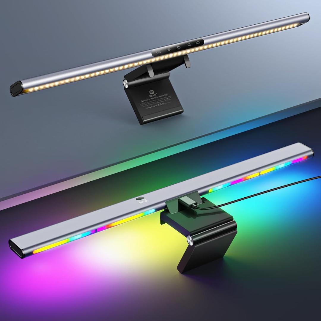 Syrinx Computer Monitor Light Bar with Backlight for Home Office, Eye-Caring USB LED Reading Lamp, Dimmable Screen Monitor Lamp, Smart Motion Sensor, Touch Control, CRI 95+, No Screen Glare for (RGB)