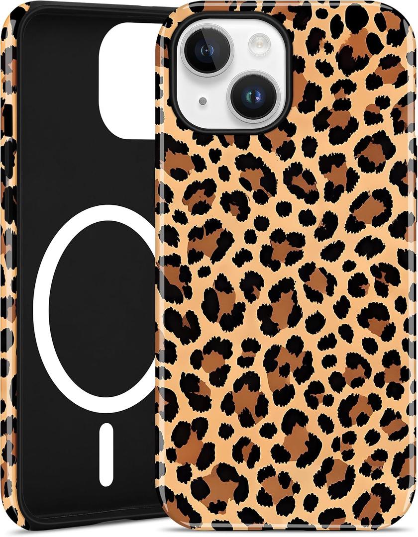 Magnetic Cheetah Phone Case for iPhone 15, Compatible with MagSafe, Cute Aesthetic Brown Leopard Print Soft TPU and Hard PC Shockproof Protective Phone Cover for Women Girls
