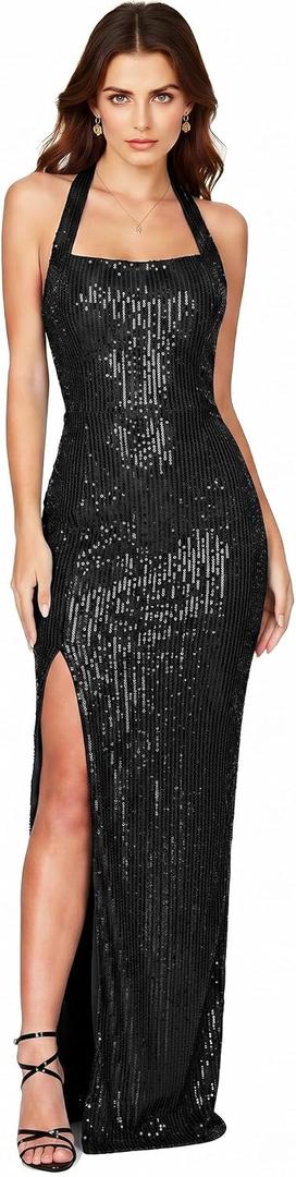  Womens Halter Neck Sequin Backless Evening Dress High Slit Maxi Sparkling Formal Party Bodycon Dress, Black-M