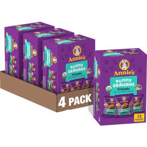 Annie's Organic Friends Bunny Grahams, Chocolate Chip, Chocolate, and Honey Baked Graham Snacks, 12 Pouches, 12 oz Chocolate, Honey & Chocolate Chip Flavors, USDA Certified Organic, No High-Fructose Corn Syrup (EXP 10/18/26)