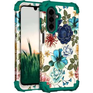 Hocase for Galaxy A26 5G Case, Heavy Duty Shockproof Protection Soft Silicone Rubber Bumper+Hard Plastic Hybrid Protective Case for Samsung Galaxy A26 5G (6.7" Display) 2025 - Teal Flowers