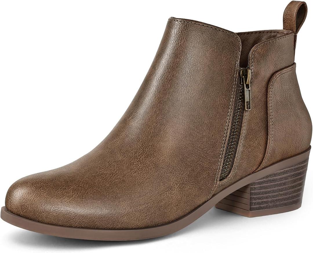 Mysoft Women's Ankle Boots Low Chunky Heel Round Toe Casual Comfortable Short Booties with Side Zipper (7 Wide, Khaki Pu)