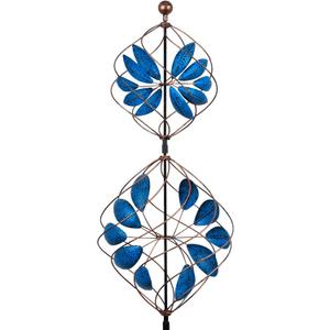 Hogardeck Large Wind Spinner Outdoor, 85" Metal Kinetic Wind Spinner with Heavy-Duty Stakes, 360 Rotating Double-Layer Retro Yard Art for Home Outside Garden Lawn Backyard Patio Decor (Blue, Bronze)