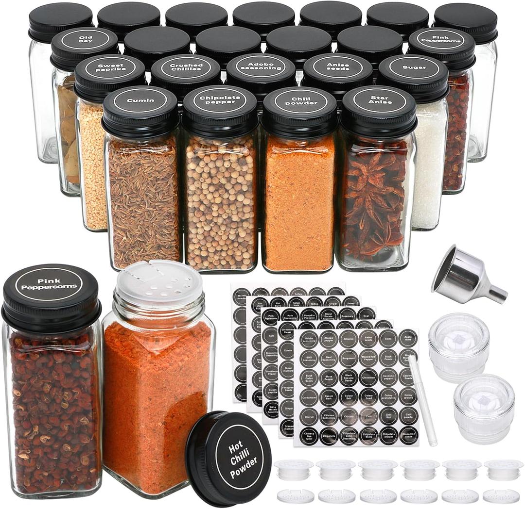 24pcs Spice Jars with180 Labels,Glass Spice Jars, Seasoning Containers,Seasoning Organizer,Include black metal lid, pen, grinder, stainless steel funnel, two type inner plugs