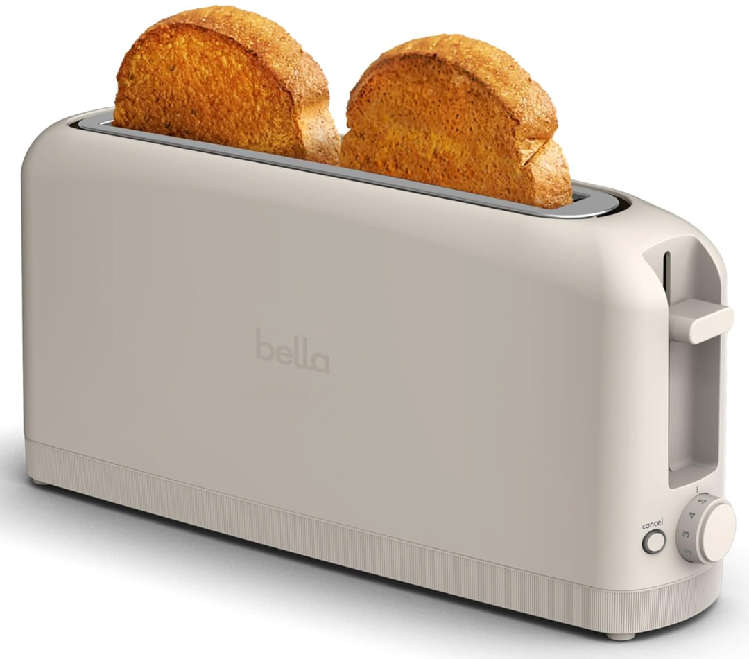 bella 2 Slice Slim Toaster, Fitsanywhere™ Kitchenware, 6 Setting Shade Control with Reheat & Cancel Buttons, Fits sourdough, 10” Long Slot, Anti Jam & Auto Shutoff, 900 Watt, Oatmilk