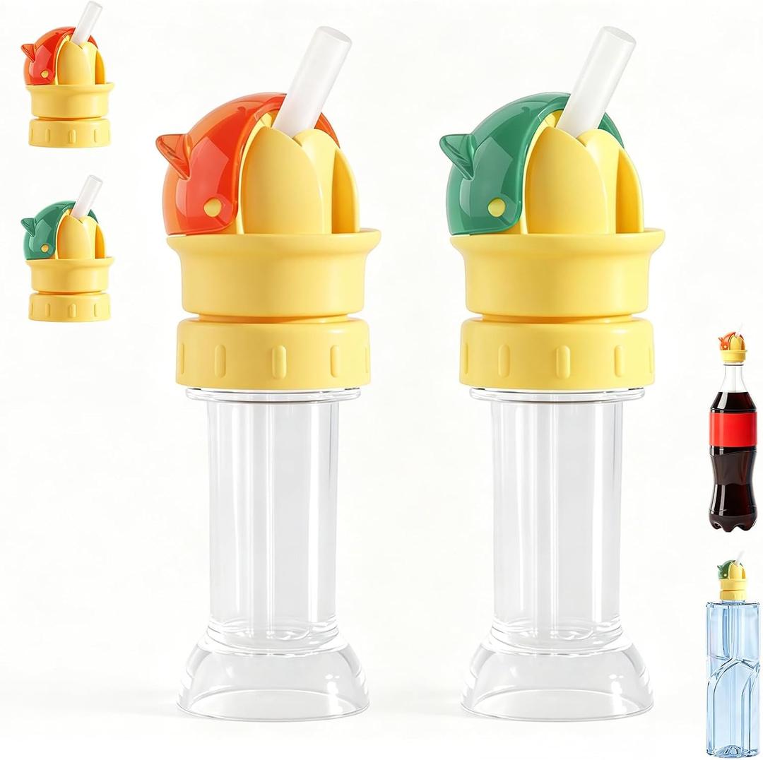 2PCS Water Bottle Spout Conversion Cap with Straw,Reusable Beverage Water Bottle Straw Lid,Water Bottle Spout Adapter,Universal Soda Can Lids Spouts,Spill-Proof Flip Top Cover(Orange+Green)