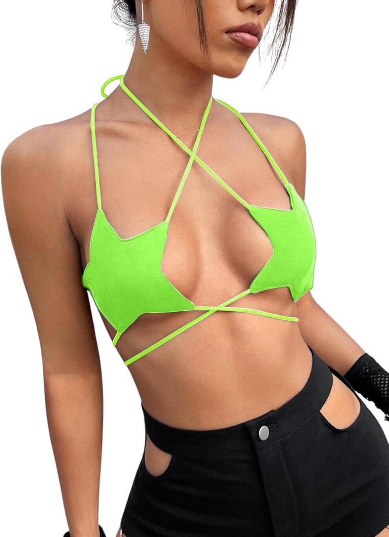 Rave Star Top for Women - EDC Festival Sexy Halter Party Dance Bra Backless Strappy Crisscross Wrap Tie Outfits (Large, Neon Green)