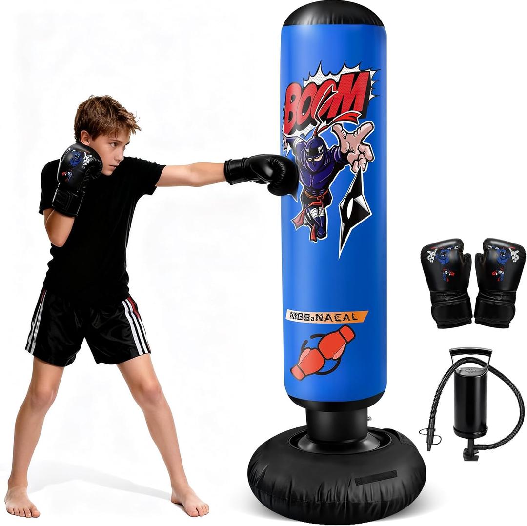 Punching Bag for Kids 8-12, 63" Ninja Inflatable Boxing Bag with Gloves, Kids Punching Bag Gifts for Boys & Girls, 5-in-1 Boxing Set for Practicing Karate & Taekwondo