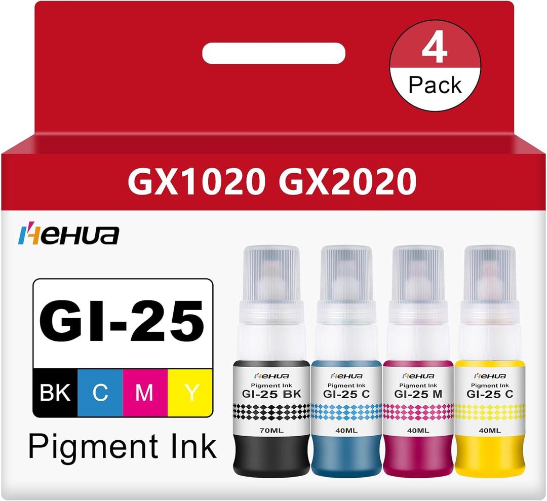hehua Pigment GI-25 GI25 Ink Refill Bottles Replacement for Canon 25 GI-25 Ink Bottles Compatible with Canon Maxify GX2020 GX1020 Megatank Printers 4 Pack 190ML (Black Cyan Magenta Yellow)