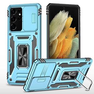 CHLINGNAN for Samsung Galaxy S21 Ultra Case with All-Angle Rotating Kickstand & Sliding Camera Cover - Heavy Duty Shockproof Protective Cover, Blue