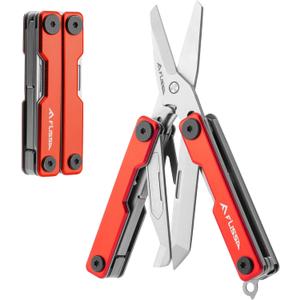 FLISSA Multitool Scissors, 11-in-1 Multi Tool Pocket Knife, Stainless Steel Mini Multitool with Bottle Opener, Screwdriver, Aluminum Handles, Spring - EDC for Outdoor, Camping, Hiking, Fishing, Red