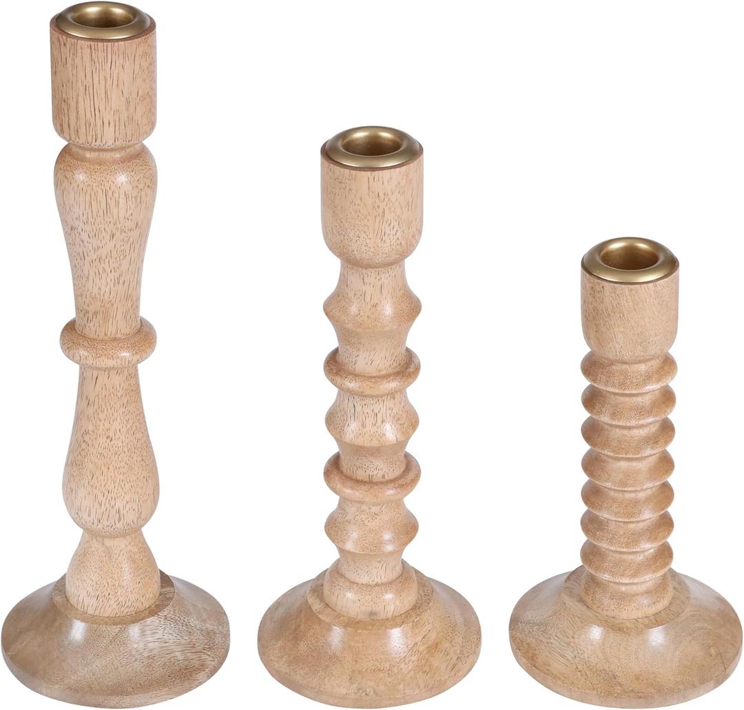 Wooden Candlestick Set of 3 Taper Candle Sticks Holder, Candlestick Wood Holders for Table, Party, Home Decor, Holiday, Christmas Farmhouse Candle Holder Fits 3/4 inch Thick Candles