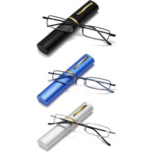 Viseng 3 pairs Slim Mini Metal Reading Glasses Compact Lightweight Portable Readers with Glasses Case for Reading Case +2.0 (Black/Blue/silvery) (3 Pairs: Black & Blue & Silvery)