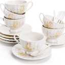 WRINGKIT Tea Cups and Saucers Set of 6, 7 Oz Floral Tea Cups, White Porcelain Tea Cup with Saucer, British Coffee Cups Sets for Women Teas Party, Cappuccino, Latte, Microwave Safe