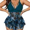 Women's Plus Size 2 Piece Bikini Set V Neck Floral Mesh Flowy Tankini High Cut Bathing Suits, Size 3XL