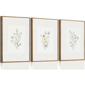 MTFBWY Framed Neutral Botanical Flower Wall Art Painting Set of 3, Beige Minimalist Striped Floral Prints, Scandinavian Boho Plant Pictures for Living Room Bedroom Bathroom Home Decoration 16x24in