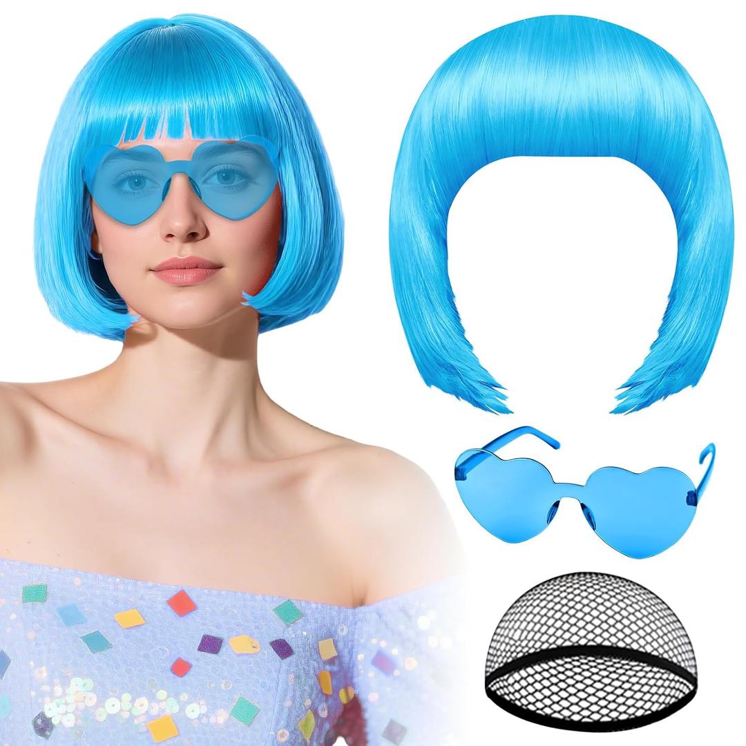 PLULON Blue Bob Wig with Heart Sunglasses and Hair Cap for Women, Short Bob Wigs Synthetic Colored Funny Cosplay Hairieces for Women Men Daily Bachelorette Halloween Costume Party Decorations