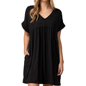 Jayscreate Women's Baby Doll Dress Summer Casual Tunic Pleated Flowy Swing Short Sleeve Black V Neck Mini Dress , Size XL