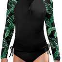AGAPENG Girls Rash Guard Swimsuit Long Sleeve Swimsuit Two Piece Color Block Ruched Bathing Suit Zip Girls' Swimwear 7-16Y (15-16 Years, Black Tropical)